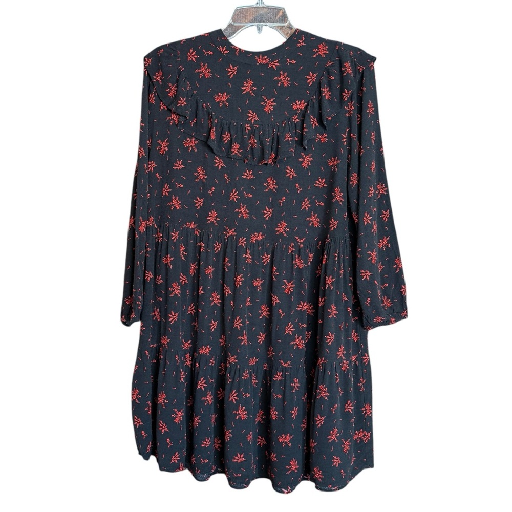 Zara Black Red Floral Ruffle Tiered Mini Dress Long Sleeve Size M - Picture 3 of 14